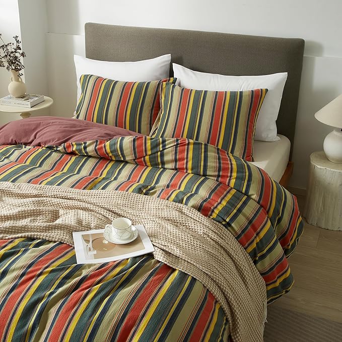 VM VOUGEMARKET Multicolor Striped Duvet Cover Queen Size Washed Cotton Stripes Bedding Duvet Cover Set - Cozy Boho Stylish Bedding Set for Men & Women