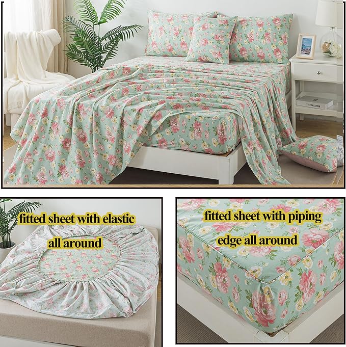 FADFAY Sheets Set Full Pink Rose Floral Shabby Yellow Peony Bed Sheet Set Vintage Farmhouse Cotton Soft Breathable With Deep Pocket Fitted Sheet 4Pcs, Full Size