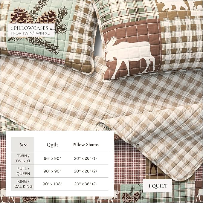 Great Bay Home Rustic Cabin Twin Size Quilt Set with Shams - All-Season, Lightweight, Reversible Bedspread - Lodge-Themed Summer Bedding Sets (Twin/Twin XL, Hemlock Green/Brown)