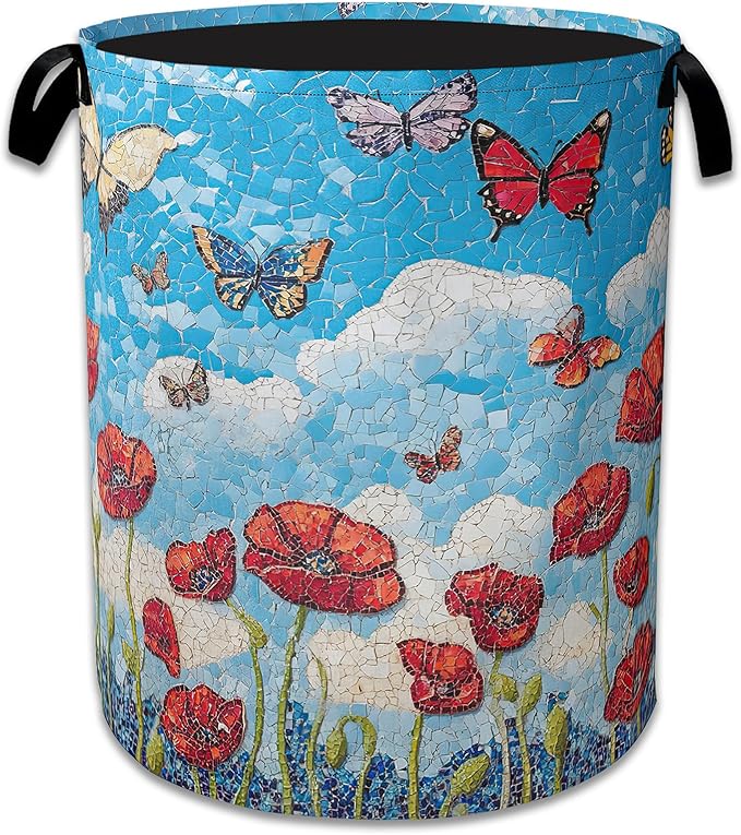 Vintage Poppy Flowers Laundry Basket,Foldable Waterproof Oxford Cloth Tote Bag Butterfly Laundry Hamper with Handles,20.8"x16" Clothes Storage Bucket Organizer for Laundry Room, Bathroom, Bedroom