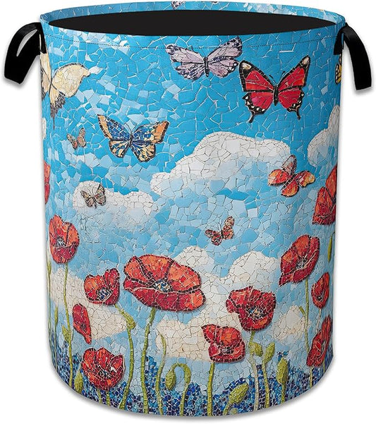 Vintage Poppy Flowers Laundry Basket,Foldable Waterproof Oxford Cloth Tote Bag Butterfly Laundry Hamper with Handles,20.8"x16" Clothes Storage Bucket Organizer for Laundry Room, Bathroom, Bedroom