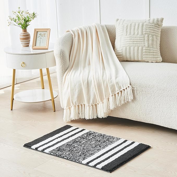 CozeCube Bath mats for Bathroom Non Slip, Fluffy Absorbent Microfiber Bath mat Washable, Aesthetic Bathroom Rugs, Cute Jet Black Striped Bath mat, Jet Black, 32" x 20"