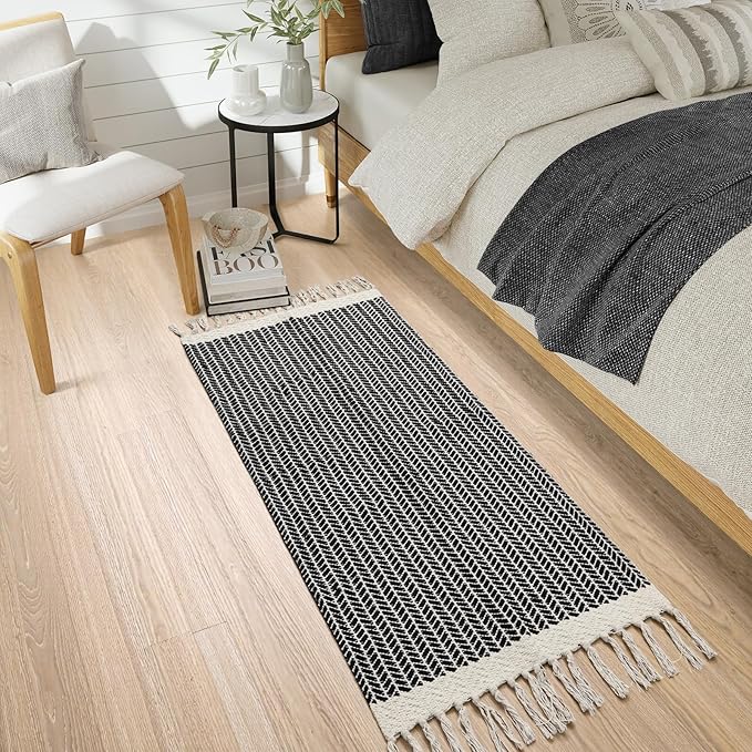 Lahome Boho Rugs for Entryway, 2x5 Laundry Room Rug Lightweigh Cotton Washable Runner Rug with Tassels, Farmhouse Black Bath Door Mats Indoor Non Shedding Runners for Hallways Bedroom