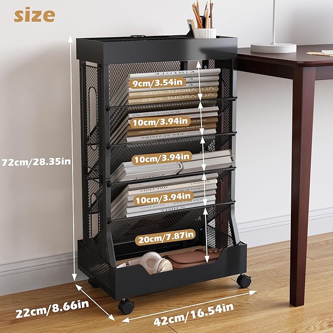COVAODQ Rolling File Cart Book Cart with Wheels Mobile Bookshelf File Organizer Beside Desk, Free-Standing File Holder, Paper Letter Tray Organizer Mesh Desk Organizer for Office School