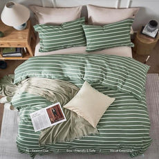 JELLYMONI Cotton Duvet Cover Cal King Size - Green Striped Comforter Cover with Button 100% Washed Cotton 3PCS Breathable Soft Bedding Set Duvet Cover 104×98in & 2 Pillowcases (NO Comforter)