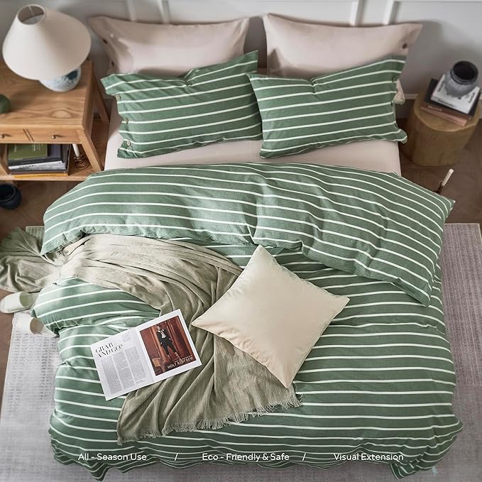 JELLYMONI Cotton Duvet Cover Twin XL Size - Green Striped Comforter Cover with Button 100% Washed Cotton 2PCS Breathable Soft Solid Bedding Set Duvet Cover 66×92in & 1 Pillowcase (NO Comforter)