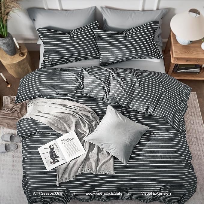 JELLYMONI Cotton Duvet Cover Full Size - Gray Pinstriped Comforter Cover with Button 100% Washed Cotton 3PCS Breathable Soft Solid Bedding Set Duvet Cover 80×90in & 2 Pillowcases (NO Comforter)