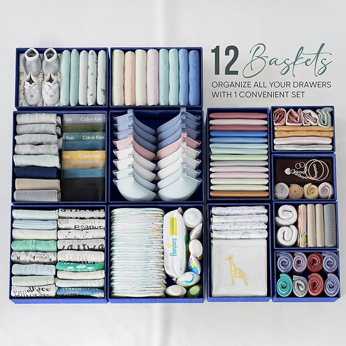 Drawer Organizer Set of 12 - Navy Dresser Organizer for Nursery, Bedroom & Closet