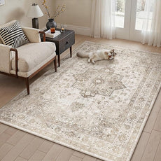 Taupe Area Rug 4x5 Washable Vintage Carpet for Office Kitchen Non Slip Retro Distressed Door Mat Low Pile Soft Oriental Medallion Thin Small Throw Rug Entryway Bedroom Bathroom Dining Room