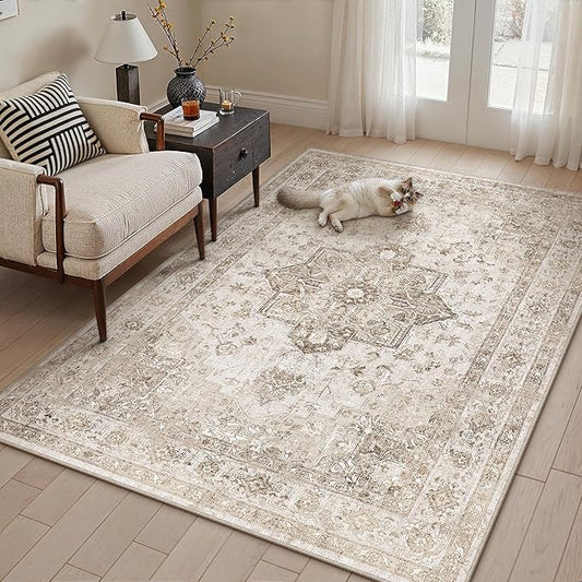 Taupe Area Rug 4x5 Washable Vintage Carpet for Office Kitchen Non Slip Retro Distressed Door Mat Low Pile Soft Oriental Medallion Thin Small Throw Rug Entryway Bedroom Bathroom Dining Room