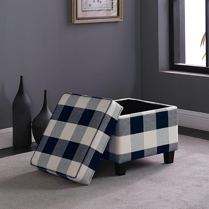 HomePop Home Decor | K7342-F2262| Classic Square Storage Ottoman with Lift Off Lid | Ottoman with Storage for Living Room & Bedroom, Black Plaid Large