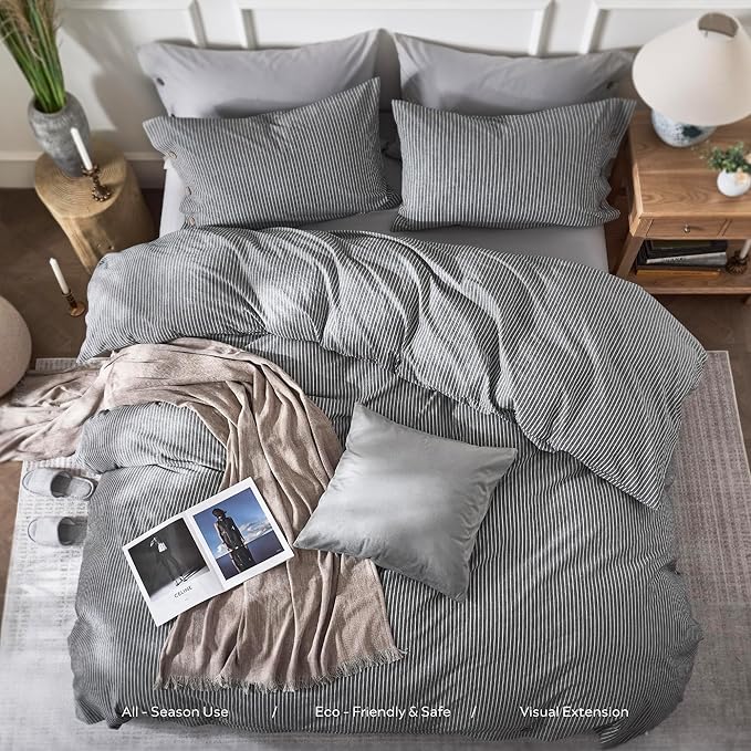 JELLYMONI Cotton Duvet Cover Queen Size - Black Vertical Pinstriped Comforter Cover with Button 100% Washed Cotton 3PCS Breathable Soft Solid Bedding Set Duvet Cover 90×90in & 2 Pillowcases