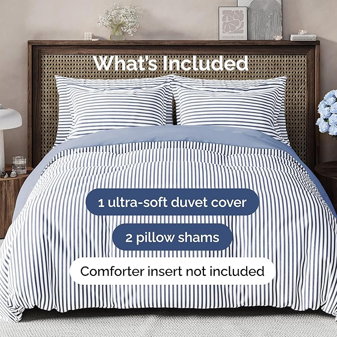 Duvet Cover Cal King Size Set - Extra Soft Cal King Size Duvet Cover 104 x 98 with 2 Pillow Shams - Hotel Luxury and Fade Free w/Zipper Closures & Ties - Comfy Breathable Bedding Set (Blue Stripes)