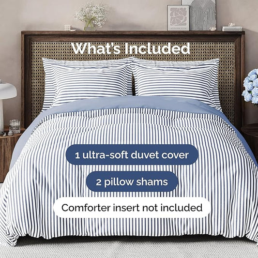 Duvet Cover Cal King Size Set - Extra Soft Cal King Size Duvet Cover 104 x 98 with 2 Pillow Shams - Hotel Luxury and Fade Free w/Zipper Closures & Ties - Comfy Breathable Bedding Set (Blue Stripes)