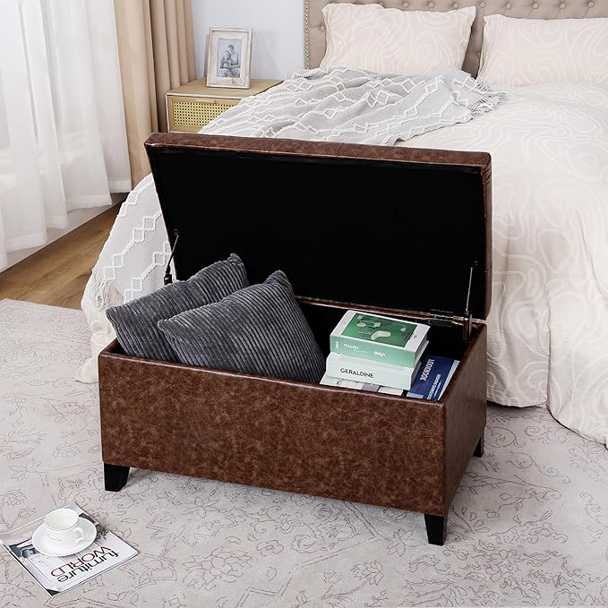 Joveco Storage Ottoman Bench, 33 Inches Faux Leather Rectangle Tufted Foot Stool for End Foot of Bed, Bedroom, Living Room, Walnut