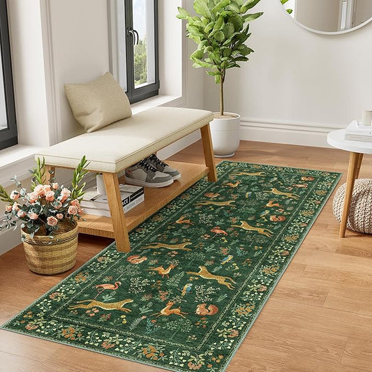 DUKINO 2x5 Rug for Hallway, Washable Kitchen Runner Rug with Non Slip Backing, Soft Low Pile Vintage Animal Runner for Bedroom, Kitchen, Hallway, Entryway, Laundry, Green
