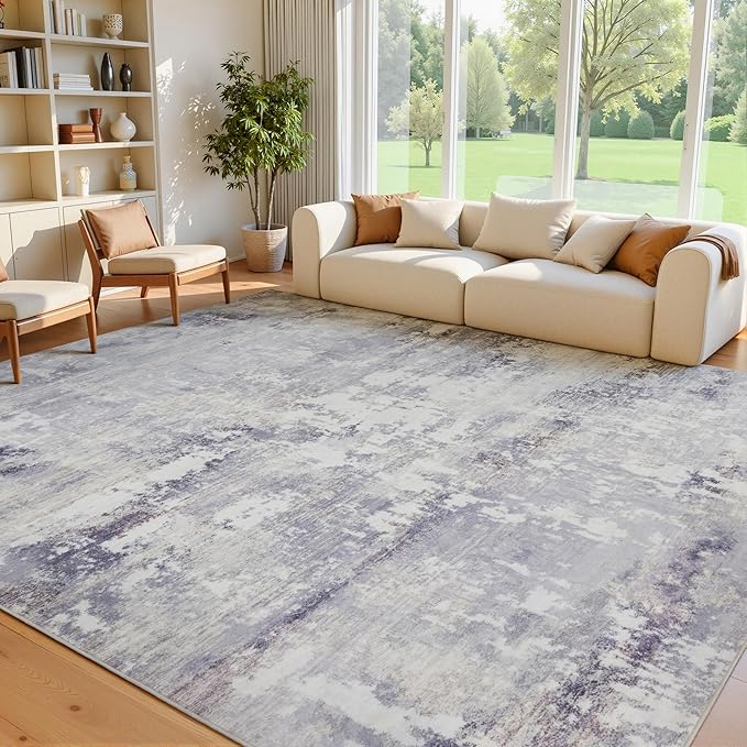 RCTJHOME 9'x12' Washable Area Rugs for Larger Living Room/Spacious Bedroom, Ultra Soft Non-Slip Accent Carpet, Dining Room,Larger Home Office, Low Pile Persian Rug Light Grey White Watercolor