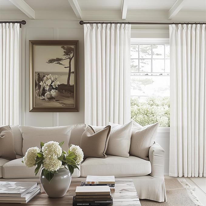 Beige White Pinch Pleated Linen Curtains 1 Panel for Living Room Bedroom Memory Training Shaped Semi Sheer Pleat Drapes with Hooks Rings Light Filtering Window Curtain 60x108
