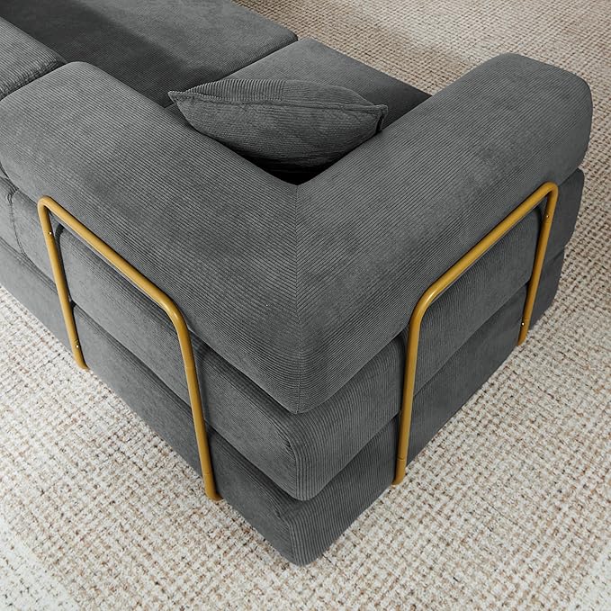 108" Oversized Convertible Sleeper Sofa Bed, Corduroy L Shape Sectional Couch, Folding Sofa Bed with Fixed-Shape Frame, Modern Cloud Floor Mattress Couch, Modular Sofa for Living Room, Grey