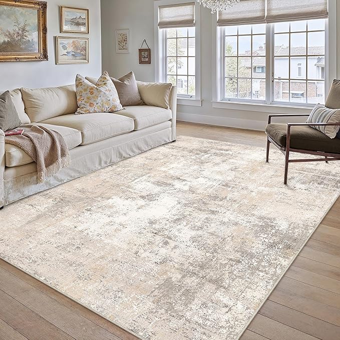 10x12 Area Rug Beige Grey Abstract Living Room Bedroom Washable Carpet Neutral Modern Non Slip Soft Low Pile Indoor Large Throw Rug for Dining Room Office