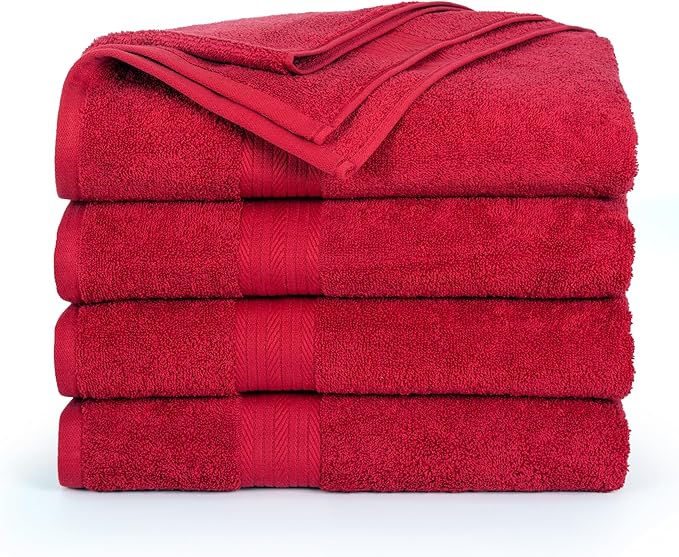 Ample Decor Bath Towel 100% Cotton 30 X 54 Inch 600 GSM Towels Bathroom Soft Light Weight - 4pcs - Red