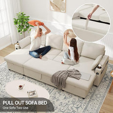DURASPACE Sofa Bed Pull Out Couch Sleeper with Double Storage Chaise, U Shaped Convertible Sectional Sleeper Sofa for Living Room with USB Charging Ports, Cup Holder (Beige)