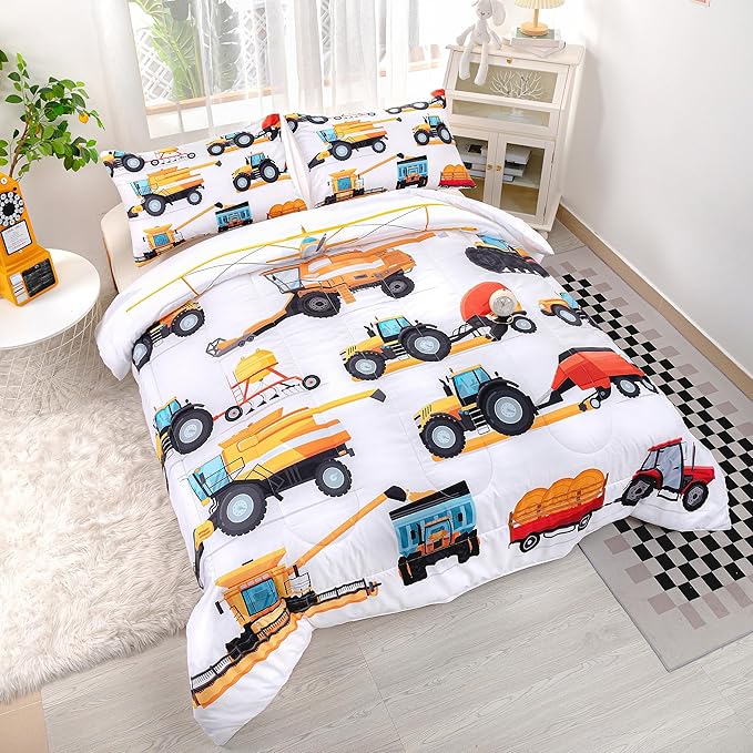 CVHOUSE Tractor Bedding Set for Boys - Twin Excavator Comforter & Trucks Tractors Cars Quilt Set with 1 Comforter and 2 Pillow Cases - 3 Piece