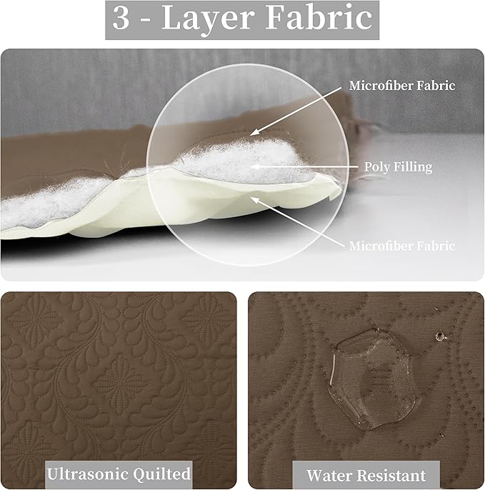 Easy-Going Full/Queen Size Reversible Quilt Set with 1 Quilt and 2 Pillow Shams, Soft Bed Quilt Cover, Water Resistant Lightweight Microfiber Bedspread, Stain Resistant, Olive Leaf-Camel/Ivory