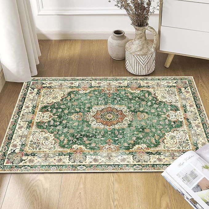 Small Rugs 2'x3',Green Rug for Entryway Bathroom Kitchen Entrance Doormat,Boho Vintage Bohemian Distressed Washable Accent Indoor Mat Floor Throw Carpet Non Slip,Retro Sage Floral