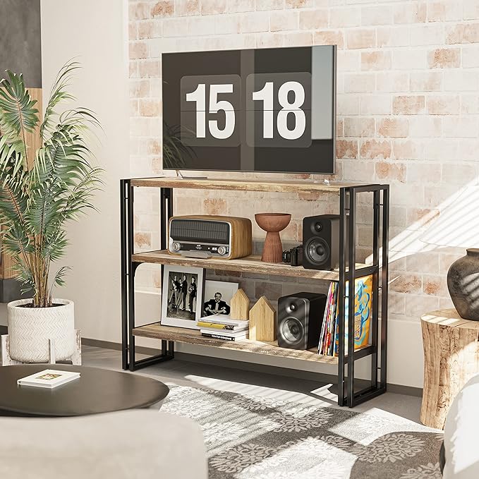 IRONCK Bookshelf Industrial 3 Shelf Bookcase, Wood Storage Shelf with Metal Frame for Living Room, Rustic Brown