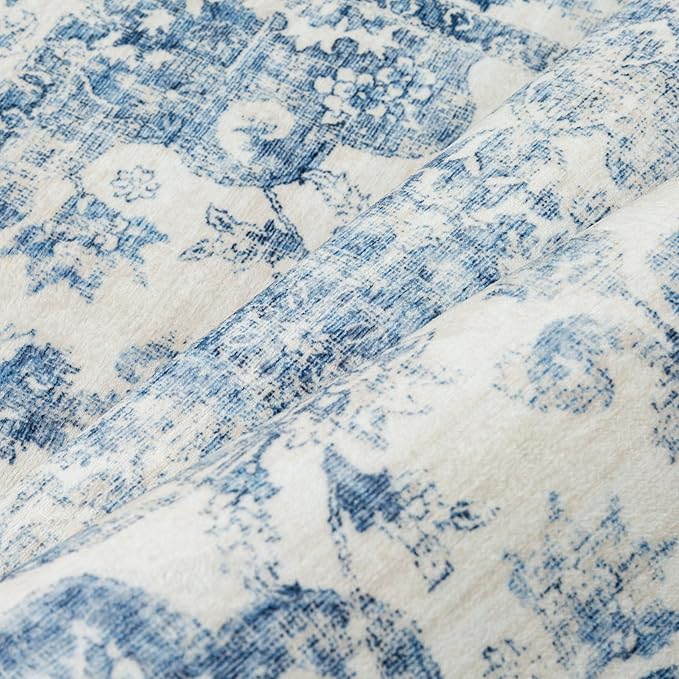 2x6 Washable Neutral Runner Rug Blue Vintage Hallway Kitchen Carpet Non-Slip Soft Low Pile Floral Throw Rug for Bedroom Bathroom Laundry Living Room