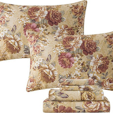 FADFAY Sheets Set King Tan Peony Floral Bed Sheet Set Vintage Farmhouse Bedding 100% Cotton Ultra Soft Breathable Bedding with Deep Pocket Fitted Sheet 4Pcs, King Size