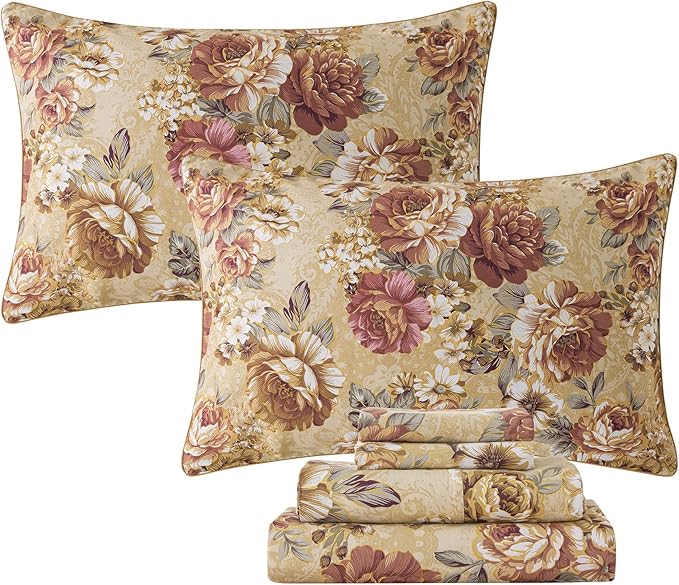 FADFAY Sheets Set Queen Tan Peony Floral Bed Sheet Set Vintage Farmhouse Bedding 100% Cotton Ultra Soft Breathable Bedding with Deep Pocket Fitted Sheet 4Pcs, Queen Size