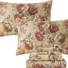 FADFAY Sheets Set Twin XL Tan Peony Floral Bedding Shabby Brown Flower Bed Sheet Set Vintage Farmhouse Bedding 100% Percale Cotton Breathable Set with Deep Pocket Fitted Sheet 4Pcs, Twin XL Size