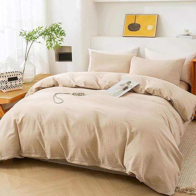 ECOCOTT Beige Duvet Cover Oversized King Size - 100% Washed Cotton Durable Soft Comfy Duvet Cover Set, 3 Pieces Duvet Cover with Zipper Closure (Khaki, 120"x 98")