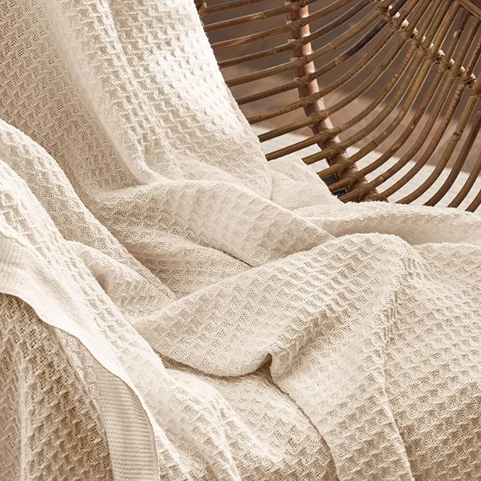 Bedsure Gentlesoft 100% Cotton Blanket King Size for Bed - Breathable and Soft, Thick Cozy Waffle Weave Christmas Blanket Gift for Women, Yellowish Cream, 104x90 inches