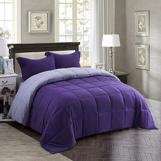 HIG 3pc Down Alternative Comforter Set - All Season Reversible Comforter with Two Shams - Quilted Duvet Insert with Corner Tabs - Box Stitched - Super Soft, Fluffy (Full/Queen, Purple)