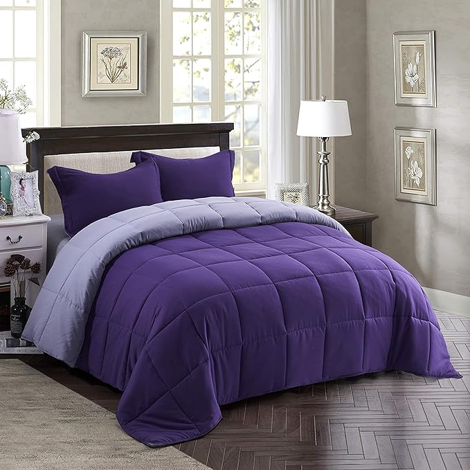 HIG 3pc Down Alternative Comforter Set - All Season Reversible Comforter with Two Shams - Quilted Duvet Insert with Corner Tabs - Box Stitched - Super Soft, Fluffy (King/Cal King, Purple)