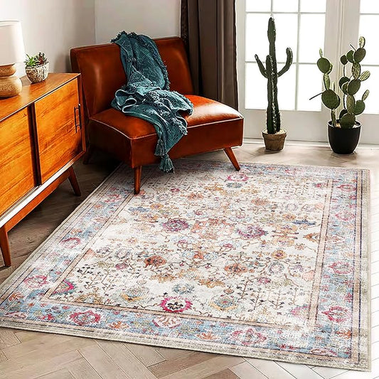 Washable Area Rug 3'x5' Vintage Traditional Floor Cover Foldable Thin Retro Accent Indoor Distressed Non Slip Carpet Floral Print Mat Bedroom Living Room