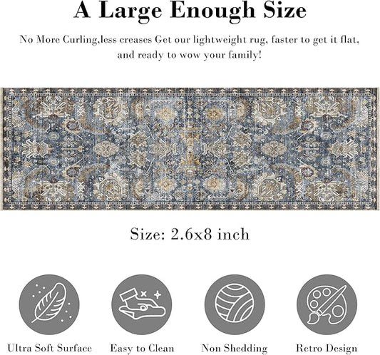 RUGSURE Washable Area Rugs - Perfect for Living Room, Bedroom, Kids Room, Nursery - Stain & Water Resistant Non-Slip, Pet & Child Friendly, Vintage Tribal Area Rugs (Navy, 2'6'' x 8')