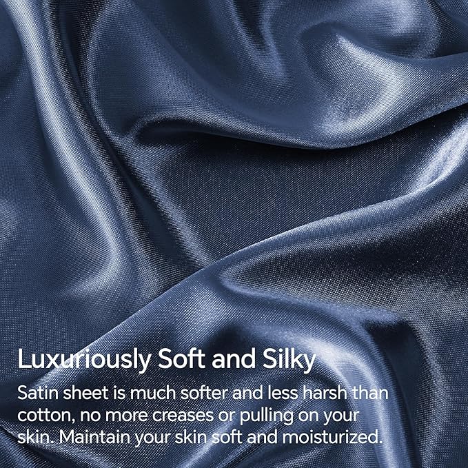 BEDELITE Satin Sheets Twin Size Bed Set, Luxury Soft Navy Silky Sheets for Hair and Skin, Similar to Silk Bed Sheets Set 3 Pieces with 1 Deep Pocket Fitted Sheet, 1 Flat Sheet, and 1 Pillowcase