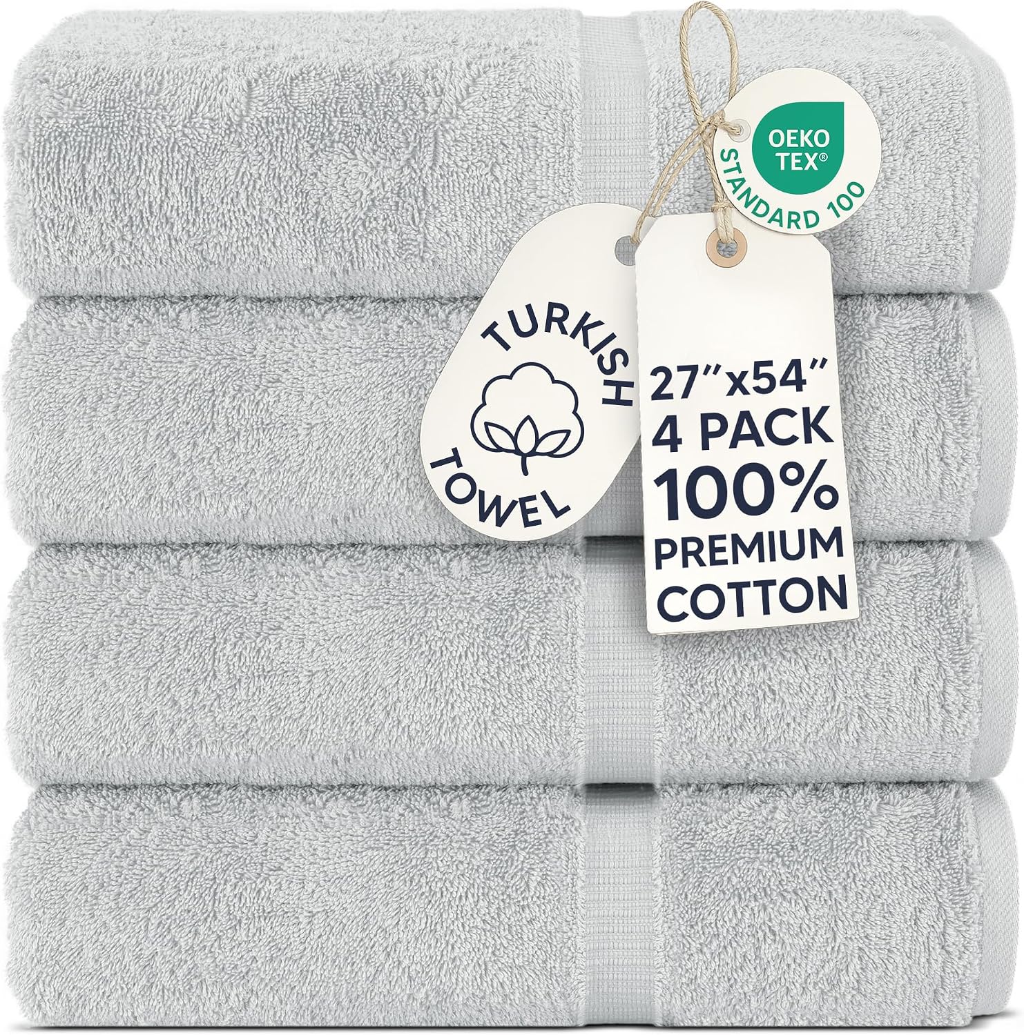 Chakir Turkish Linens 4 Piece Bath Towel Set, 100% Cotton Luxury Turkish Towels for Bathroom, Soft Absorbent Bath Towels, 27 x 54 Inches, Gray