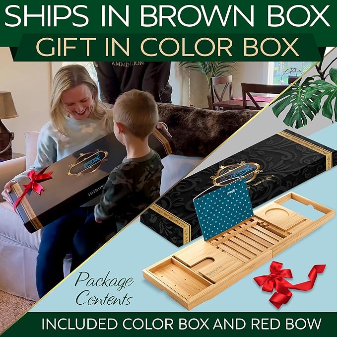 SereneLife Premium Bathtub Tray Caddy with Gift Box and Bow Set, Expandable Bath Tray, Unique House Warming Gifts for Mom, Women, Wedding, Anniversary, Bridal Shower, Fit for All Tub - Classic