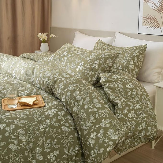 Floral Duvet Cover Twin Size Girl Olive Green Duvet Cover Set with Zipper Closure Soft Cotton Twin Comforter Cover 3 Piece Garden Bedding Set with Boho Leaves Aesthetic Bedding Duvet Cover Set