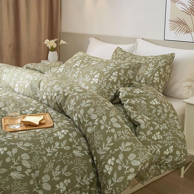 HighBuy Queen Size Duvet Cover Olive Green Floral Cottagecore Bedding Comforter Cover Queen 100% Soft Cotton Botanical Boho Duvet Cover Set Aesthetic 3 Piece Garden Style for Women Men