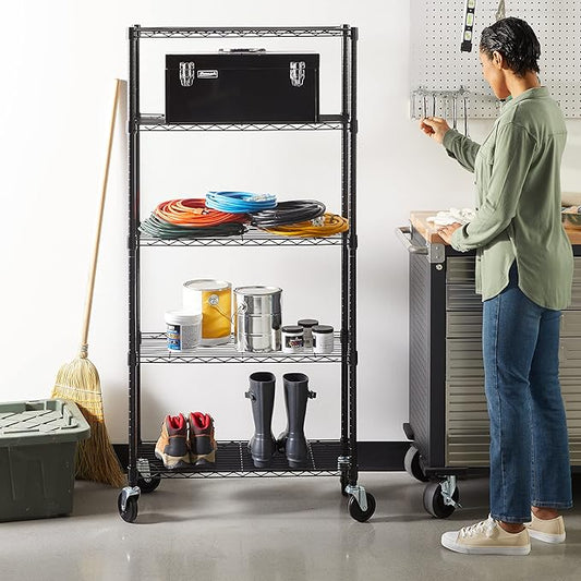 Amazon Basics 5-Shelf Adjustable, Heavy Duty Storage Shelving Unit on 4'' Wheel Casters, Metal Organizer Wire Rack, 30" L x 14" W x 64.75" H, Black