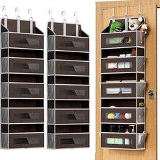 2 Packs 5-Tier Over the Door Storage Organizer with 10 Side Mesh Pockets, 48 lbs Load Capacity, 3 Hooks Design, Hanging Organizer with Clear Windows for Bathroom, Bedroom, Nursery, Kitchen-Brown