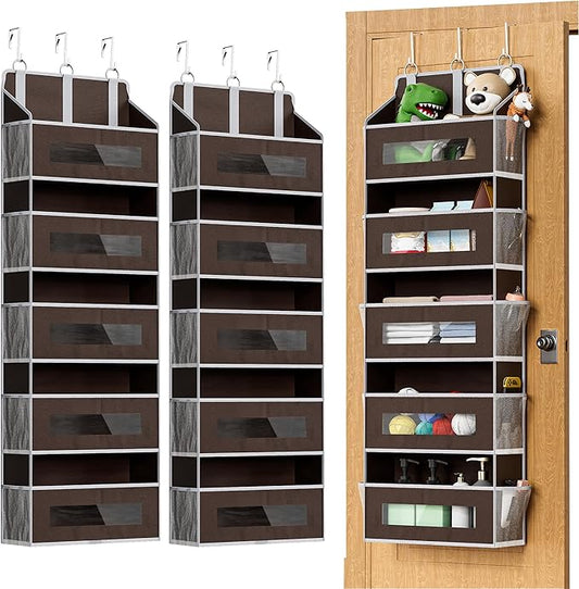 2 Packs 5-Tier Over the Door Storage Organizer with 10 Side Mesh Pockets, 48 lbs Load Capacity, 3 Hooks Design, Hanging Organizer with Clear Windows for Bathroom, Bedroom, Nursery, Kitchen-Brown