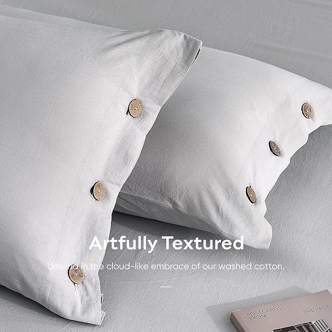 JELLYMONI 100% Washed Cotton King Pillowcases Set, 2 Pack Linen-Like Texture Breathable Pillow Covers with Button Closure,Pale Grey King 20"×36"(Pillows are not Included)