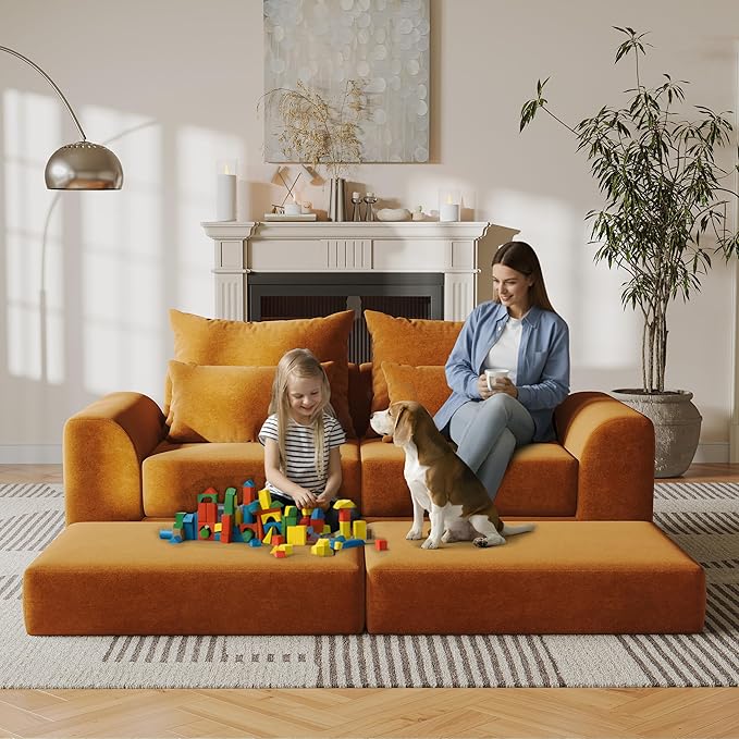 Modular loveseat with Ottoman, L-Shape Boneless Couch, Customizable Sectional Couch, Free Combination Design Sleeper Sofa, Clay Ember